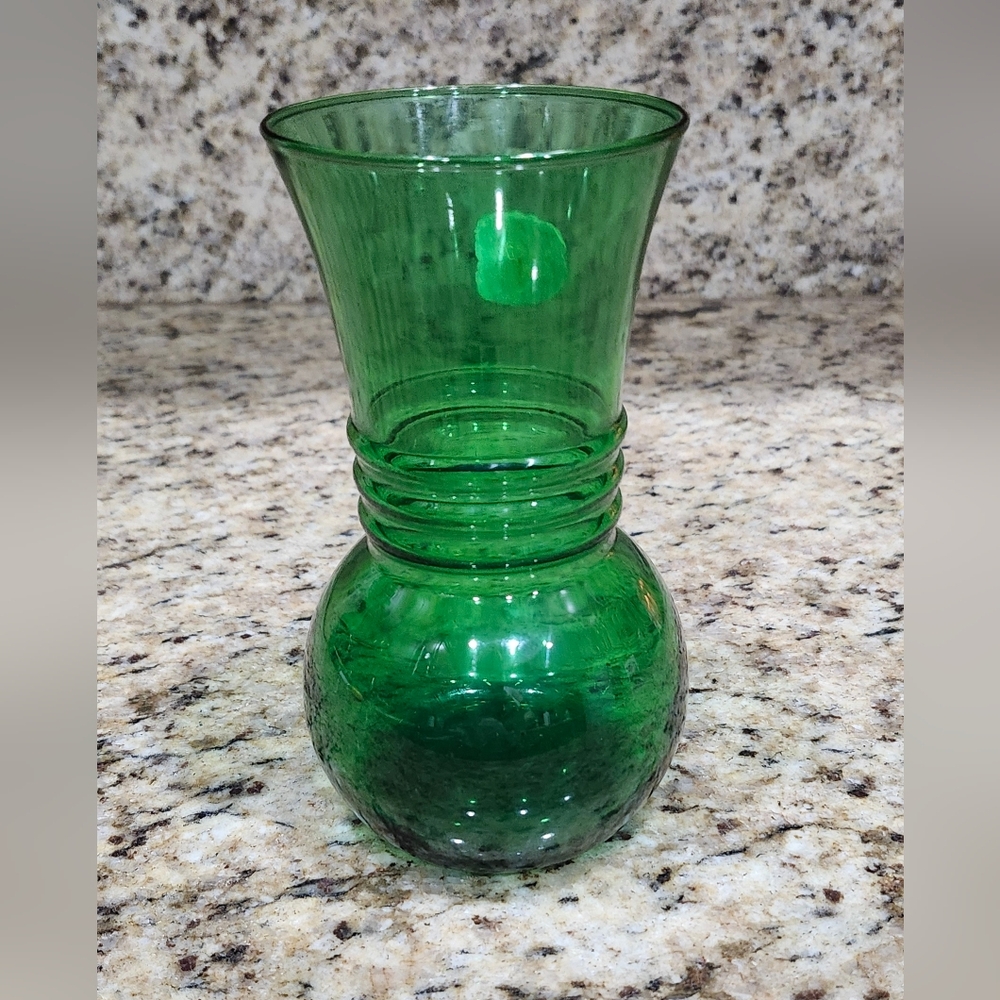 VTG Anchor Hocking Vase Forest Emerald Green Ribbed 6.25" 1950s